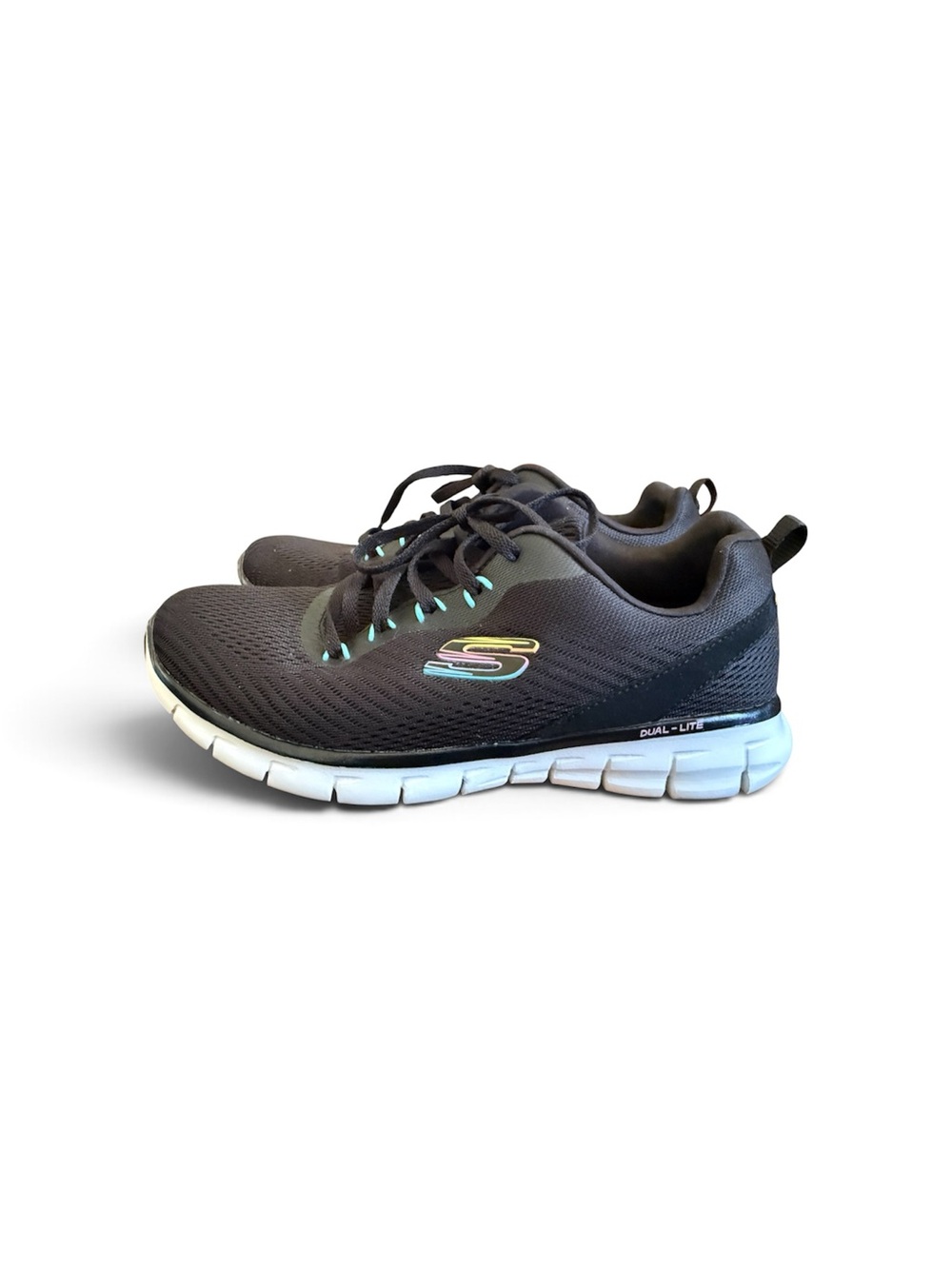 Skechers women’s Black Athletic Sneakers with White Sole and Rainbow Logo